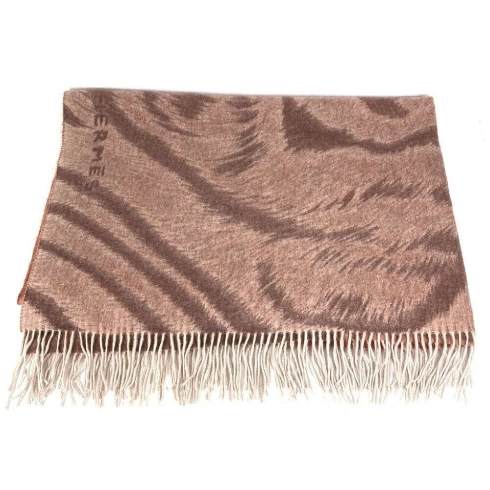 HERMES Tiger Animal Fringe Plaid blanket interior blanket Cashmere Brown